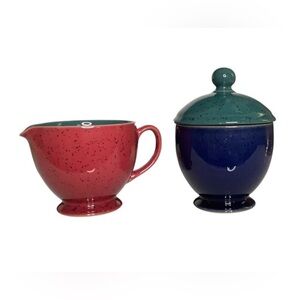 Vintage Denby England Harlequin Stoneware Sugar & Creamer Set Red Navy and Green